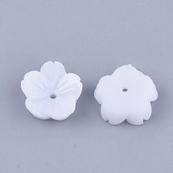 Blanc Chapeaux de perles en résine opaque, 5 pétales, fleur, blanc, 9~10x9.5~10.5x3mm, Trou: 1mm