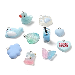 Light Blue Resin Pendants, with Platinum Plated Iron Loops, Cloud & Heart & Duck, Mixed Shapes, Light Blue, 14.5~23.5x10~24.5x4~19mm, Hole: 1.8~2mm, about 10pcs/bag