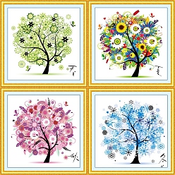 Mixed Color DIY Four Season Theme Tree of Life Pattern Cross-Stitch Starter Kits, Including Fabric, Threads, Needle, Mixed Color, 450x450mm, 4pcs/set