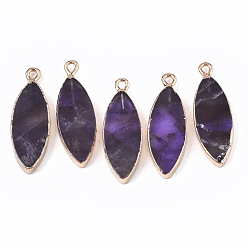 Amethyst Edge Golden Plated Natural Amethyst Pendants, with Iron Loop, Horse Eye, 28.5~30.5x10.5x3.5mm, Hole: 1.6mm