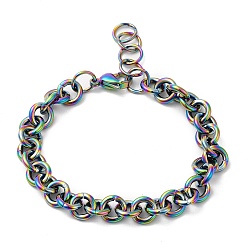 Rainbow Color Ion Plating(IP) 304 Stainless Steel Rolo Chain Bracelets, with Lobster Claw Clasps, Rainbow Color, 7 inch(17.7cm), 8.5mm