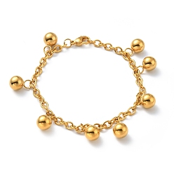 Golden Vacuum Plating 201 Stainless Steel Round Beads Charm Bracelet with 304 Stainless Steel Chains for Women, Golden, 7-1/4 inch(18.5cm)