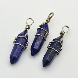 Lapis Lazuli Faceted Bullet Platinum Plated Brass Gemstone Double Terminated Pointed Pendants, Lapis Lazuli, 38~42x8~9mm, Hole: 3~6mm