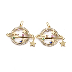 Real 18K Gold Plated Brass Micro Pave Colorful Cubic Zirconia Pendants, with Jump Rings, Long-Lasting Plated, Star with Star, Real 18K Gold Plated, 18x24x3mm