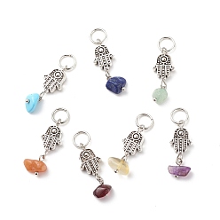 Mixed Stone 7Pcs 7 Styles Chakra Natural & Synthetic Mixed Stone Chips Alloy Pendants, Natural Green Aventurine & Garnet & Red Aventurine & Lapis Lazuli & Amethyst & Citrine, Synthetic Turquoise, Hamsa Hand Charm, 26.5~27.5mm, Stone: 6~11x5~7mm, Hand: 11.5x10x3.8mm, Hole: 5.8mm, 1pc/style