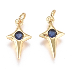 Bleu Marine Micro cuivres ouvrent charmes de zircons, avec anneau de saut, plaqué longue durée, étoile scintillante, or, bleu marine, 14x7x2.5mm, Trou: 3mm