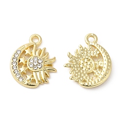 Oro Colgantes de aleación de rhinestone, luna con amuletos de sol, dorado, 16x13.5x2.5 mm, agujero: 1.6 mm