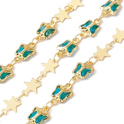 Dark Turquoise Handmade Eco-friendly Brass Butterfly & Star Link Chain, with Glass & Seed Beaded, Real 18K Gold Plated, Lead Free & Cadmium Free, Soldered, with Spool, Dark Turquoise, 8.5x6.5x0.3mm, 6x7x2mm, 11x7x2mm