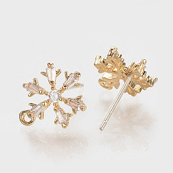 Real 18K Gold Plated Brass Cubic Zirconia Ear Stud Findings, with Loop, Nickel Free, Snowflake, Real 18K Gold Plated, 11x8.5mm, Hole: 1mm