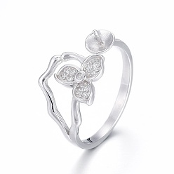 Platinum Rhodium Plated 925 Sterling Silver Cuff Rings, Open Rings Components, For Half Drilled Beads, with Cubic Zirconia, Flower, Platinum, Size 7, 17mm, Tray: 4.5mm, Pin: 0.8mm