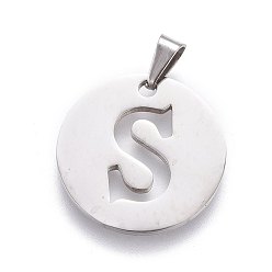 Letter S 201 Stainless Steel Pendants, Flat Round with Letter, Stainless Steel Color, Letter.S, 24.5x19.7x1.3mm, Hole: 4x3mm