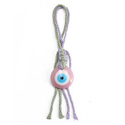 Pink Flat Round with Evil Eye Resin Pendant Decorations, Cotton Cord Braided Tassel Hanging Ornament, Pink, 160mm
