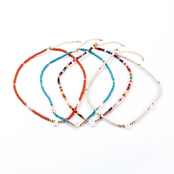 Mixed Color Natural Shell Initial Pendant Necklaces, with Synthetic Turquoise Beads and Natural Pearl Beads, Mixed Letters, Golden, Mixed Color, 17.12 inch(43.5cm)