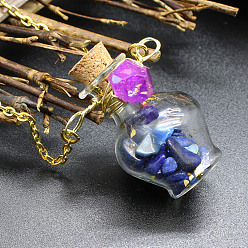 Lapis Lazuli Natural Lapis Lazuli Chips Perfume Bottle Necklace, Glass Pendant Necklace with Alloy Chains for Women, 19.69 inch(50cm)