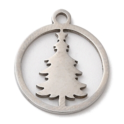 Stainless Steel Color Christmas 201 Stainless Steel Pendants, Flat Round with Christmas Tree, Stainless Steel Color, 15x13x1mm, Hole: 1.5mm