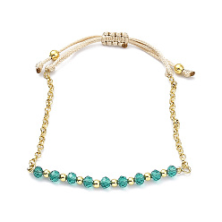 Light Sea Green Adjustable Glass Beaded & Brass Chains Link Bracelet for Women, Light Sea Green, Inner Diameter: 1-3/4~3 inch(4.5~7.6cm)