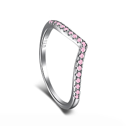 Pink Rhodium Plated 925 Sterling Silver Micro Pave Cubic Zirconia Finger Ring for Women, V-Shaped, with 925 Stamp, Real Platinum Plated, Pink, 1.3~4.5mm, US Size 7(17.3mm)