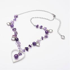 Amethyst Natural Amethyst Pendant Necklaces, with Gemstone Round Bead Pendant, Alloy Heart, Brass Curb Chain, 16.53 inch