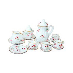 Cherry Mini Ceramic Tea Sets, including Teacup, Saucer, Teapot, Cream Pitcher, Sugar Bowl, Miniature Ornaments, Micro Landscape Garden Dollhouse Accessories, Pretending Prop Decorations, Cherry Pattern, 15pcs/set