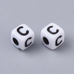 Letter C White Opaque Acrylic Beads, Horizontal Hole, Cube with Black Alphabet, Letter.C, 4~5x4~5x4~5mm, Hole: 1.8mm, about 6470~6500pcs/500g