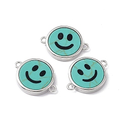 Synthetic Turquoise Synthetic Turquoise Connector Charms, Flat Round with Smiling Face Links, with Rack Plating Platinum Tone Brass Findings, Cadmium Free & Lead Free, 15.5x20x3mm, Hole: 1.6mm