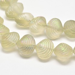 Lemon Chiffon Frosted Electroplate Glass Shell Beads Strands, Rainbow Plated, Lemon Chiffon, 12x14.5x10mm, Hole: 1mm, about 32pcs/strand, 16 inch