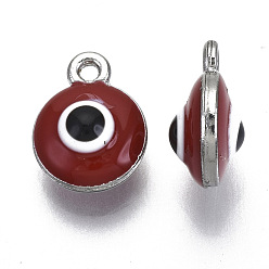 Rouge Foncé Pendentifs en alliage, avec l'émail, rond et plat avec des mauvais œil, rouge foncé, 12.5x10x7mm, Trou: 1.4mm