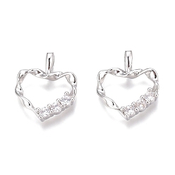 Real Platinum Plated Brass Micro Pave Clear Cubic Zirconia Charms, Long-Lasting Plated, Twist Heart, Real Platinum Plated, 14x12x2mm, Hole: 2mm