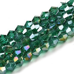Verde azulado Transparentes cuentas de vidrio electroplate hebras, color de ab chapado, facetados, bicono, cerceta, 3.5 mm, sobre 108~123 unidades / cadena, 12.76~14.61 pulgada (32.4~37.1 cm)