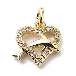 Real 18K Gold Plated Brass Micro Pave Cubic Zirconia Charms, with Jump Ring, Heart with Dolphin Charms, Real 18K Gold Plated, 12x12x2.8mm, Hole: 3.2mm
