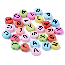 Mixed Color Opaque Acrylic Beads, Horizontal Hole, Flat Round with Black Random Letters, Mixed Color, 10x4.5mm, Hole: 2mm, about 1600pcs/500g