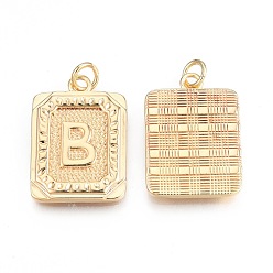 Letter B Brass Pendants, with Jump Rings, Cadmium Free & Nickel Free & Lead Free, Rectangle with Letter, Real 18K Gold Plated, Letter.B, 22.5x16x2mm, Jump Ring: 5x1mm, 3mm inner diameter
