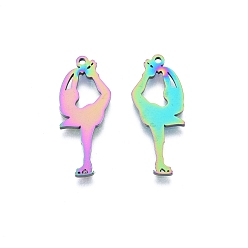 Rainbow Color Ion Plating(IP) 201 Stainless Steel Pendant, Figure Skater, Rainbow Color, 30.5x12x1.5mm, Hole: 1.5mm
