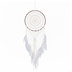 White Iron Bohemian Woven Web/Net with Feather Macrame Wall Hanging Decorations, for Home Bedroom Decorations, White, 880mm