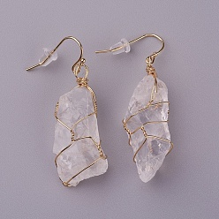Quartz Crystal Natural Quartz Crystal Dangle Earrings, with Brass Findings and Plastic Ear Nuts, Nuggets, Golden, 22~50x10~23mm, Pin: 0.7mm