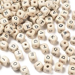 Letter Natural Maple Wood Printed Beads, Horizontal Hole, Cube with Initial Letter, Blanched Almond, Letter, 9.5~11x10x9.5~11mm, Hole: 3~4mm, about 1060pcs/500g