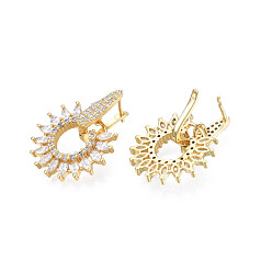 White Cubic Zirconia Flower Dangle Hoop Earrings, Gold Plated Brass Jewelry for Women, White, 26x20.5mm, Pin: 1mm