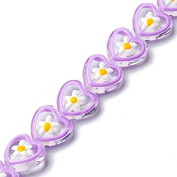 Lilac Handmade Lampwork Beads Strands, with Enamel, Heart with Flower, Lilac, 12x12x7mm, Hole: 1.2mm, about 30pcs/strand, 12.80''(32.5cm)