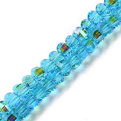 Dark Turquoise Transparent Electroplate Glass Beads Strands, AB Color, Faceted Lantern, Dark Turquoise, 6x4.5mm, Hole: 1.4mm, about 98pcs/strand, 17.72''(45cm)