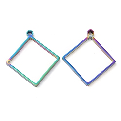 Rainbow Color 304 pendentifs en losange à lunette arrière ouverte en acier inoxydable, pour diy uv résine, une résine époxy, Bijoux à fleurs pressées, couleur arc en ciel, 32x28.5x3mm, Trou: 2.2mm, diamètre intérieur: 26x26 mm