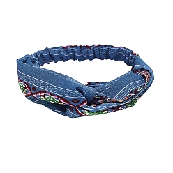 Steel Blue Boho Printed Cloth Headbands, Twist Knot Elastic Wrap Hair Accessories for Girls Women, Steel Blue, Perimeter: 480mm