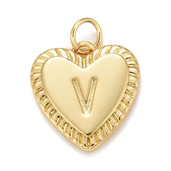 Letter V Rack Plating Real 18K Gold Plated Brass Pendants, with Jump Rings, Long-Lasting Plated, Lead Free & Cadmium Free & Nickel Free, Heart with Letter A~Z, Letter.V, 16x15x2.5mm, Jump Ring: 5x0.5mm, 3mm Inner Diameter
