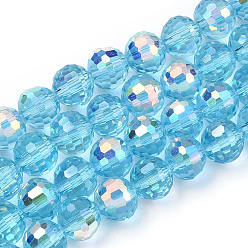 Turquoise Transparent Electroplate Glass Beads Strands, Faceted, Half AB Color Plated, Round, Turquoise, 8x7~7.5mm, Hole: 1.0mm, about 71~72 pcs/strand, 20.20~21.85 inch(51.3~55.5cm)