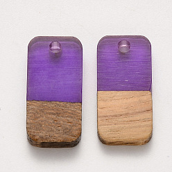 Blue Violet Two-tone Transparent Resin & Walnut Wood Pendants, Waxed, Rectangle, Blue Violet, 20.5x10x3~4mm, Hole: 2mm