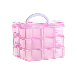 Pearl Pink 3-Tier Transparent Plastic Storage Container Box, Stackable Organizer Box with Dividers & Handle, Square, Pearl Pink, 15x15x12cm