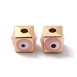 Pink Perlas de esmalte de la aleación, la luz de oro, cubo con mal de ojo, rosa, 5.5x6x6 mm, agujero: 1.8 mm