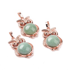 Green Aventurine Natural Green Aventurine Pendants, Owl Charms, with Rose Gold Tone Rack Plating Brass Findings, 35x23.5x8~9mm, Hole: 8x5mm