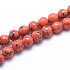 Coral Sea Shell and Synthetic Turquoise Assembled Beads Strands, Round, Coral, 8~9mm, Hole: 1.2mm, about 49~50pcs/strand, 15.3~15.7 inch(39~40cm)