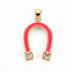 Cerise Brass Micro Pave Cubic Zirconia Enamel Pendants, Cadmium Free & Nickel Free & Lead Free, Real 16K Gold Plated, Initial Letter U, Cerise, 22.5x15x3mm, Hole: 3x5mm