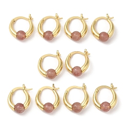 Strawberry Quartz Natural Strawberry Quartz Round Beaded Hoop Earrings, Real 18K Gold Plated Brass Jewelry, Cadmium Free & Lead Free, 19x15x6.5mm